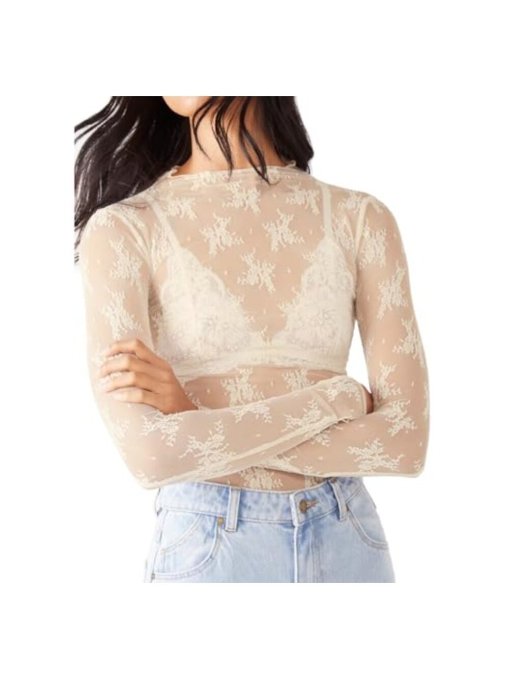 Sheer Mesh Long Sleeve Mock Neck Floral Lace Layering Top